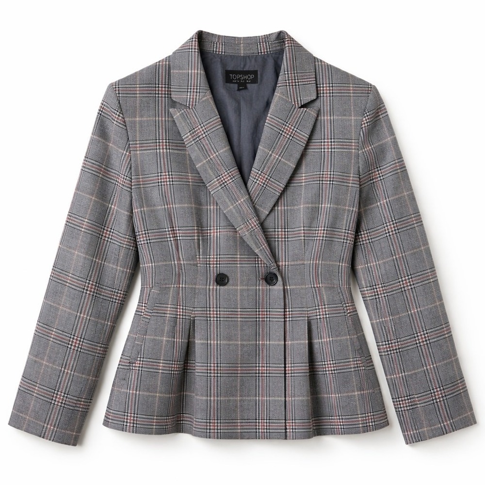 Topshop Grey Glen Plaid Pleated Peplum Double Breasted Blazer Jacket Size US 2